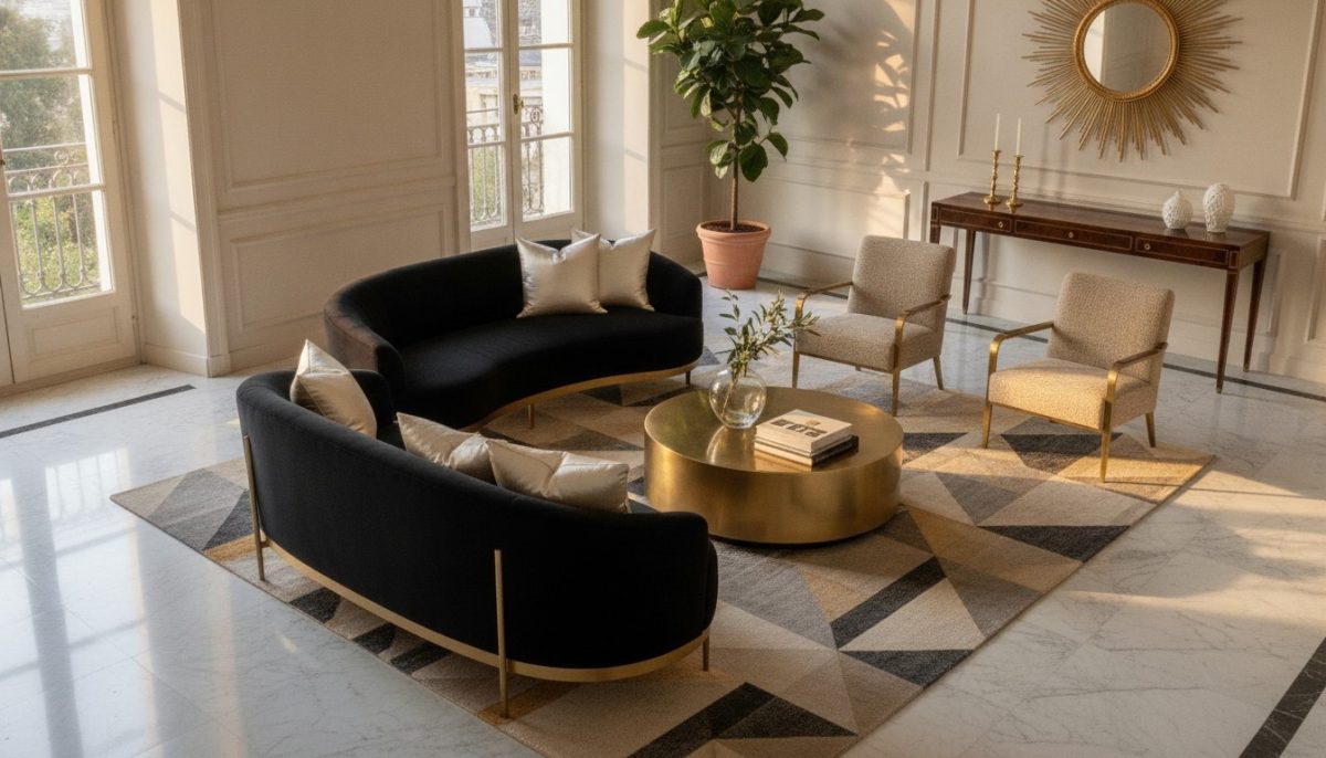 Salon élégant avec marbre et velours noir